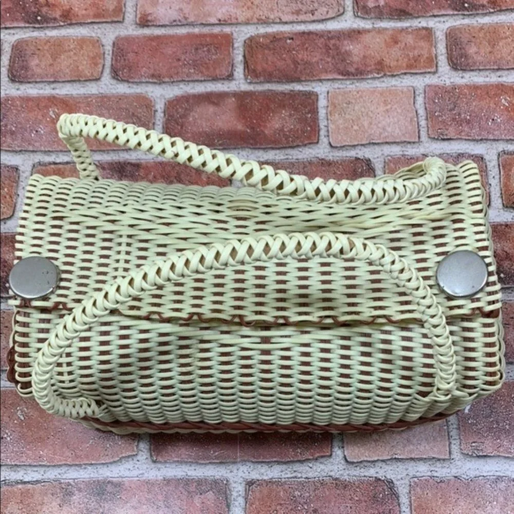 Elegant Cream and Brown Woven Tote with Curved Handles